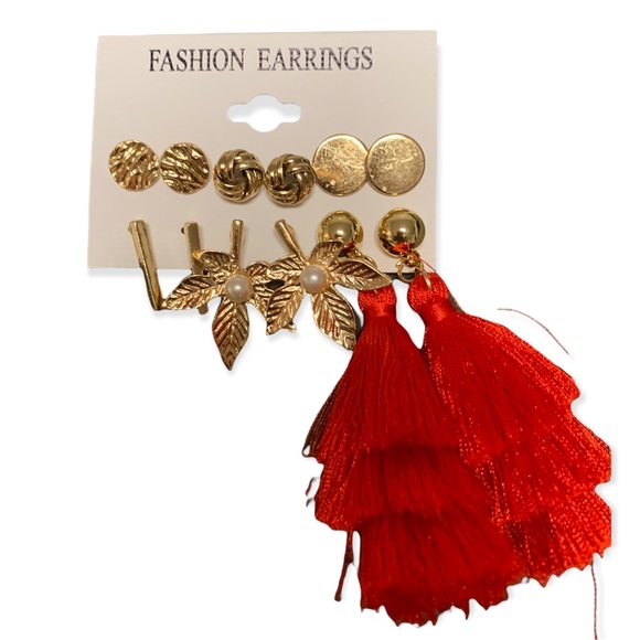 BN | Fashion Earrings | 6 Pairs of Studs & Dangly Earrings | Gold & Red - Picture 1 of 8